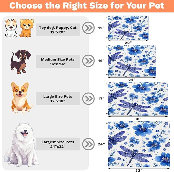Blue Dragonfly Dog Food Mat for Floors Absorbent, Quick Dry Water Dispenser Mat for Food, Water, Pet Supplies 24" x 32", Flowers
