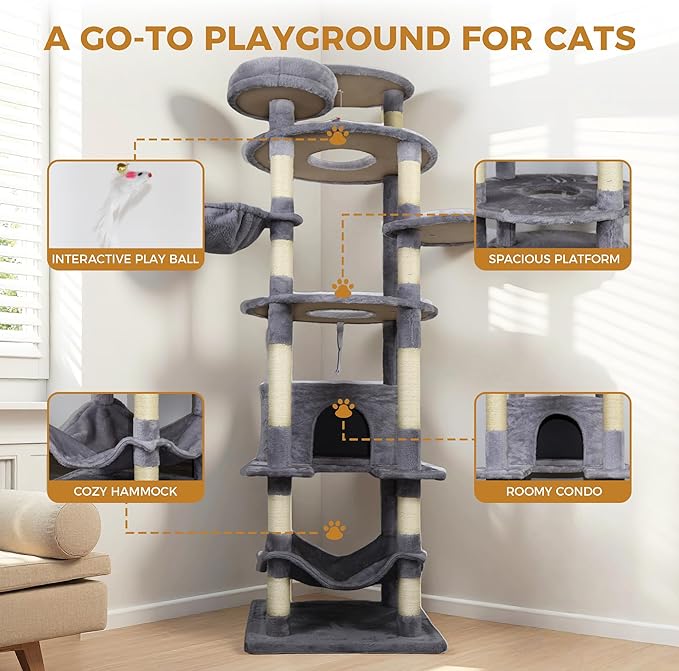 78.8 Inches Cat Tower for Indoor Cats, Cute Cat Tree with Cozy Condo, Platform, Hammock, Sisal Scratch Board and Interactive Toy (Dark Gray)