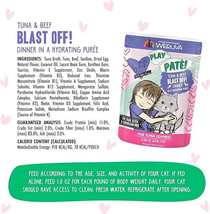 Weruva B.F.F. Play - Best Feline Friend Paté Lovers, Aw Yeah!, Tuna & Beef Blast Off! with Tuna & Beef, 3oz Pouch (Pack of 12)