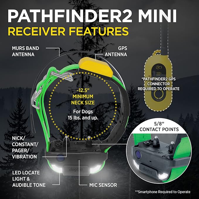 Dogtra PATHFINDER 2 MINI Additional Receiver Dog GPS Tracker e Collar Green LED Light No monthly fees Free App Waterproof Smartwatch control Satellite Real Time tracking long range Smartphone required