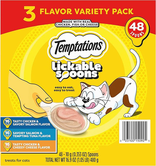 Temptations Lickable Spoons, Soft Lickable Cat Treats, Adult Wet Cat Treats, Variety Pack, 48 Spoons