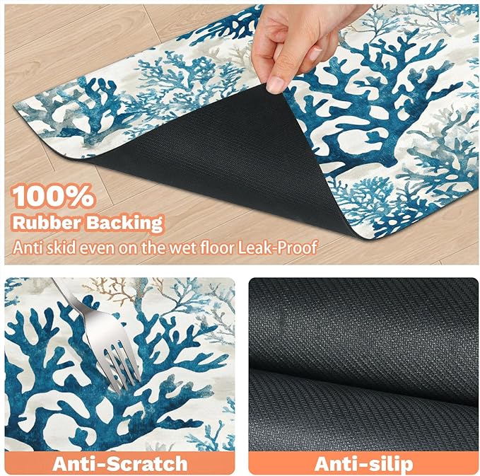 Nautical Coastal Dog Food Mat for Floors Absorbent Dog Bowl Mat for Food and Water Dispenser Quick Dry Cat Food Placemat Pet Supplies 17" x 30", Watercolor Coral
