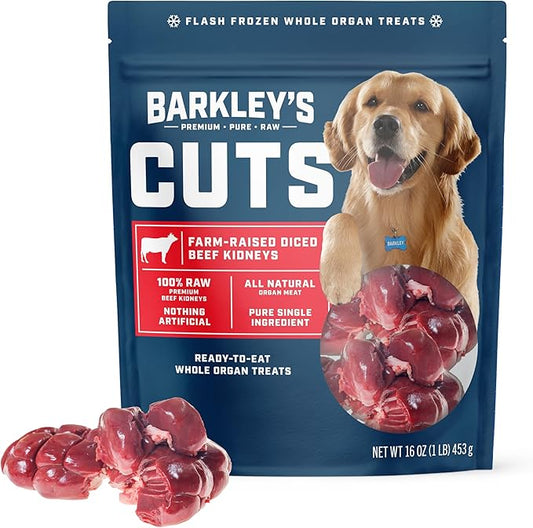 Barkley’s Cuts, Frozen Raw Sliced Beef Kidney Dog Treats, Single Ingredient, Flash Frozen, High Protein Training Treats and Food Toppers for Puppies and Dogs, Human Grade Ingredients, 16 Oz Bag