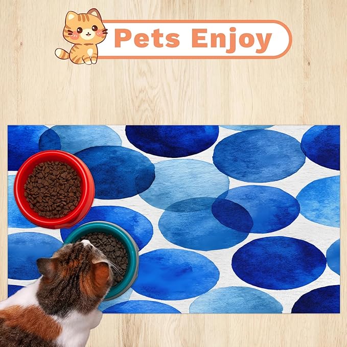 Polka Dot Dog Food Mat for Floors Absorbent Dog Bowl Mat for Food and Water Dispenser Quick Dry Cat Food Placemat Pet Supplies 24" x 32", Blue
