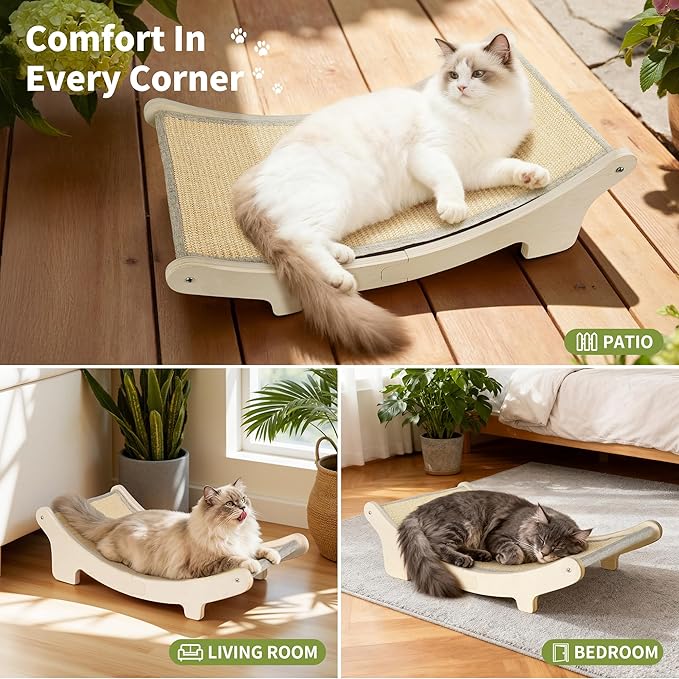 HOTEAGLE Sisal Cat Scratcher Pad Indoor -Natural Cat Hammock for Scratching and Lounging, Durable Wooden Cat Bed Ideal for Large/Small Cats（Large）