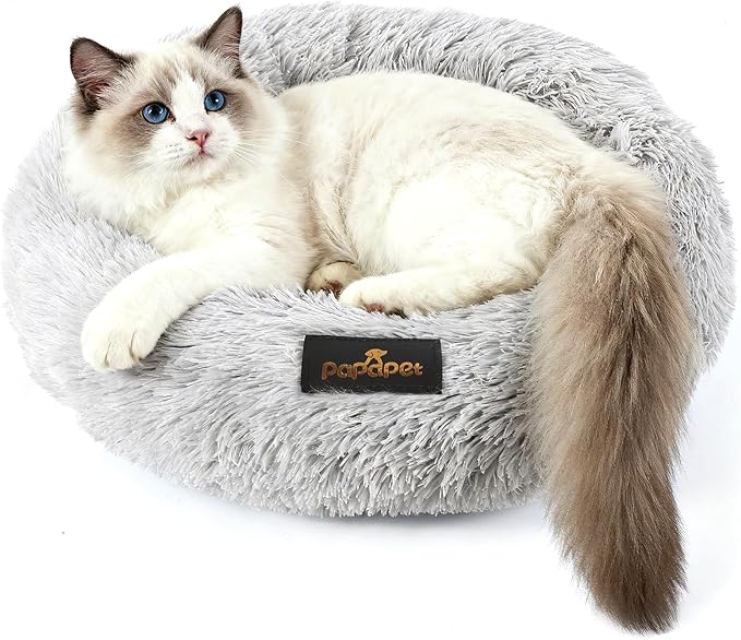 PaPaPet Premium Small Donut Cat&Dog Bed, Ultra Soft Washable Dog and Cat Bed, Plush Long Pile Faux Fur Fabric, Portable Grey Pet Bed Furniture for Puppies Adult Canines & Cats (20'', Grey)