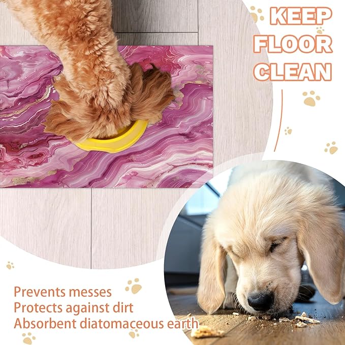 Pink Marble Dog Food Mat for Floors Absorbent, Quick Dry Water Dispenser Mat for Food, Water, Pet Supplies 12" x 20", Abstract