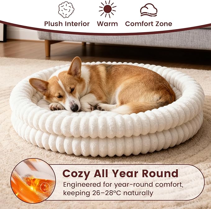 Donut Pet Bed for Cats & Small Dogs, Fluffy Warm Round Bed, Machine Washable with Anti-Slip Bottom, Indoor Use, White, 28"x28"x5"