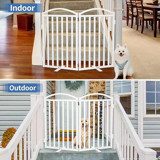 Malier Metal Freestanding Dog Gates with Door, 32'' Height Outdoor Indoor Dog Fences, Extra Wide Foldable Puppy Gate for Stairs (White, 【2 Panels】 40''W × 32''H)