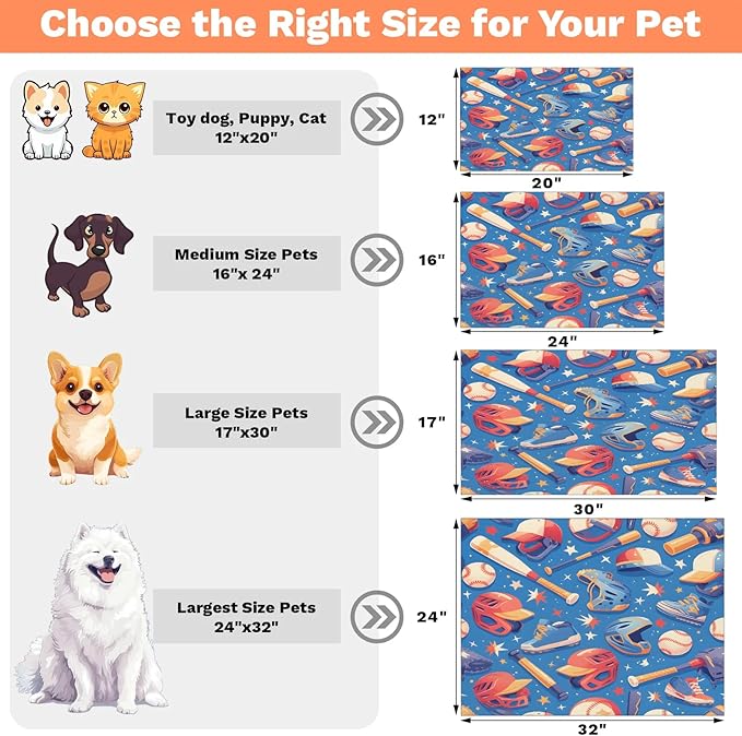 Baseball Dog Food Mat for Floors Absorbent, Quick Dry Water Dispenser Mat for Food, Water, Pet Supplies 17" x 30", Sport