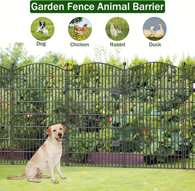 10 Panels No Dig Decorative Garden Fence with Gate - 48 in (H) x 26 ft (L), Dog Fence Outdoor for Yard, Rustproof Metal Animal Barrier Ground Stakes Fencing for Garden, Patio, Flower Bed