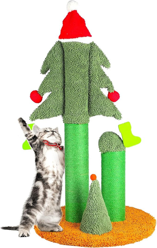 FluffyDream 32” Cat Scratching Post, Tall Christmas Tree Cat Scratcher with 3 Posts and Cute Dangling Teaser Balls, Natural Sisal Rope Cat Toys for Kitty and Adult Cats