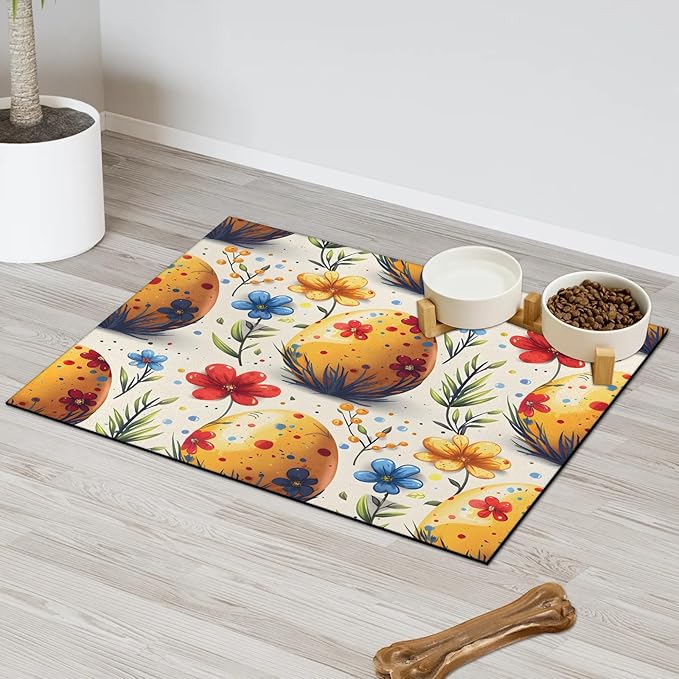 Easter Eggs Dog Food Mat for Floors Absorbent Dog Bowl Mat for Food and Water Dispenser Quick Dry Cat Food Placemat Pet Supplies 17" x 30", Watercolor Wildflower