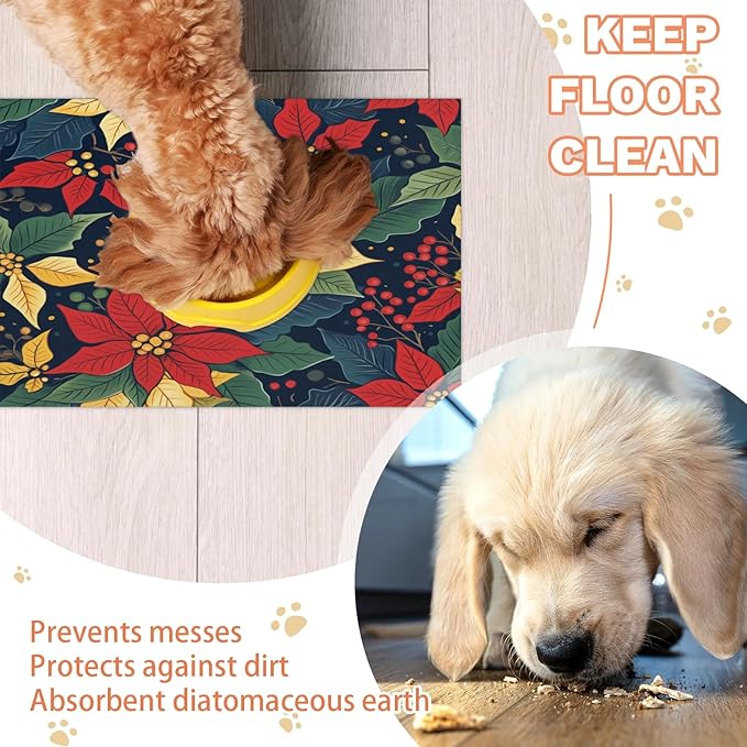 Red Poinsettia Dog Food Mat for Floors Absorbent, Quick Dry Water Dispenser Mat for Food, Water, Pet Supplies 16" x 24", Xmas Florals