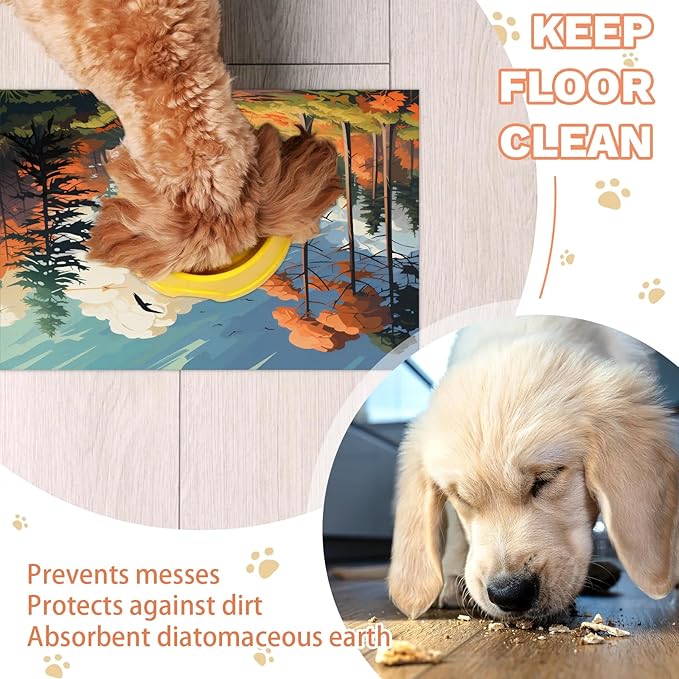 Autumn Forest Dog Food Mat for Floors Absorbent, Quick Dry Water Dispenser Mat for Food, Water, Pet Supplies 24" x 32", Thanksgiving Harvest