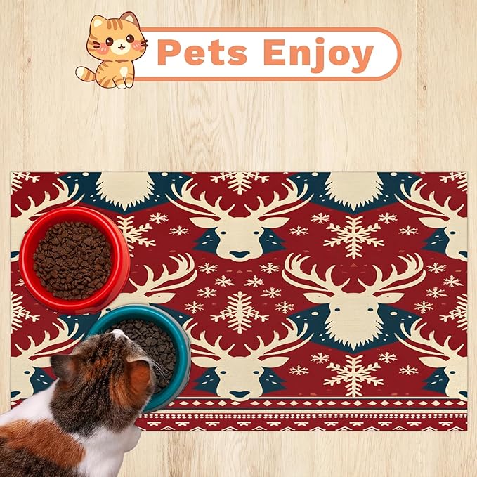 Christmas Deer Dog Food Mat for Floors Absorbent, Quick Dry Water Dispenser Mat for Food, Water, Pet Supplies 17" x 30", Snowflake