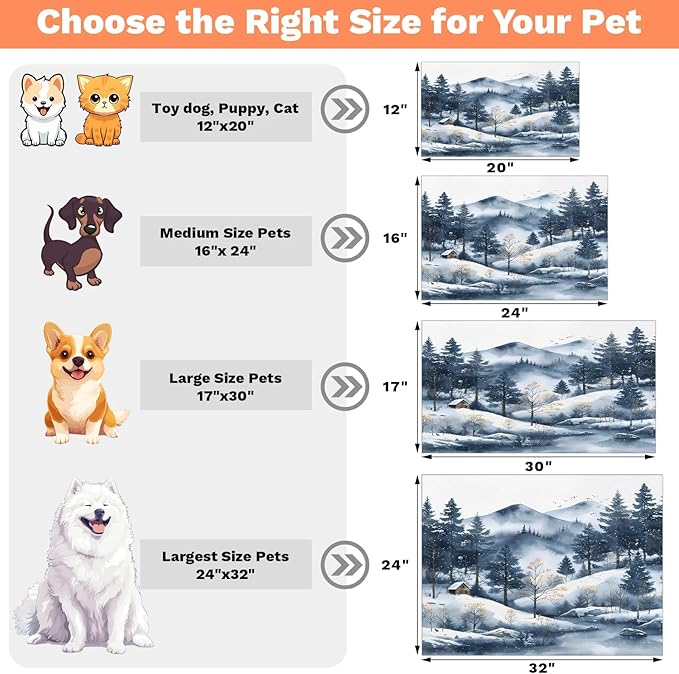 Rustic Villages Dog Food Mat for Floors Absorbent, Quick Dry Water Dispenser Mat for Food, Water, Pet Supplies 12" x 20", Winter Snowflake