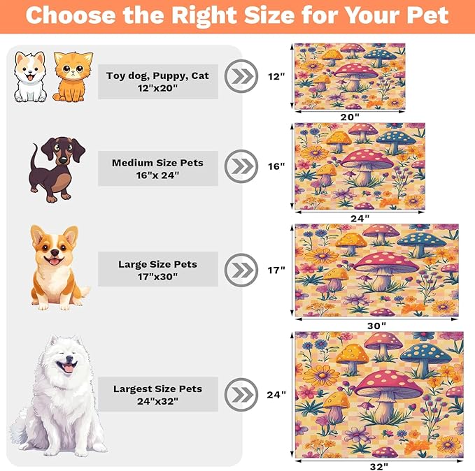 Boho Mushroom Dog Food Mat for Floors Absorbent Dog Bowl Mat for Food and Water Dispenser Quick Dry Cat Food Placemat Pet Supplies 24" x 32", Floral