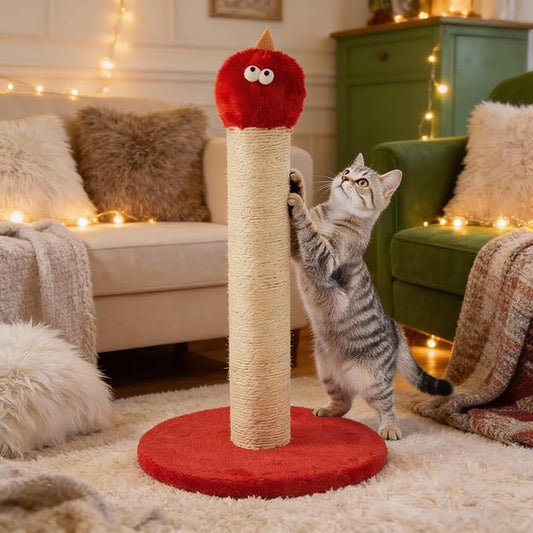 Cat Scratching Post for Small Space, 22'' Scratching Posts for Indoor Cats Adults, Extra Wide 13.4" Stable Base & Natural Sisal, Cute Cat Scratching Post with Short Plush Fabric for Large Cats, Red