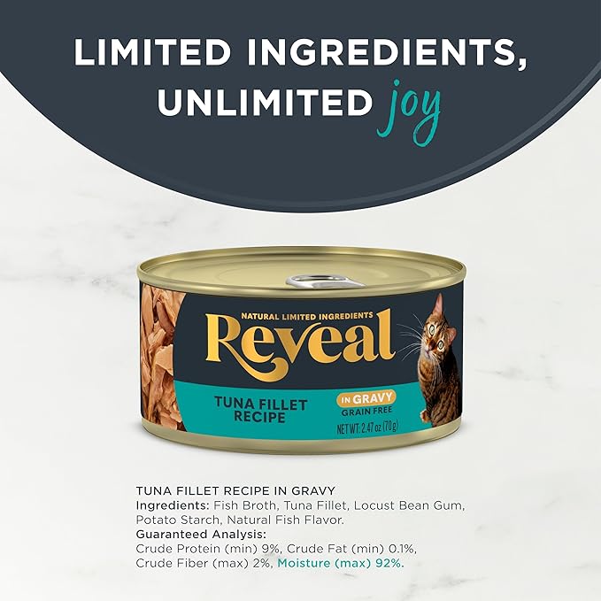 Reveal Natural Wet Canned Cat Food,Limited and Natural Ingredients,Grain Free,High Protein with No Artificial Additives,Tuna in Gravy (2.47 oz Cans),(Pack of 48)