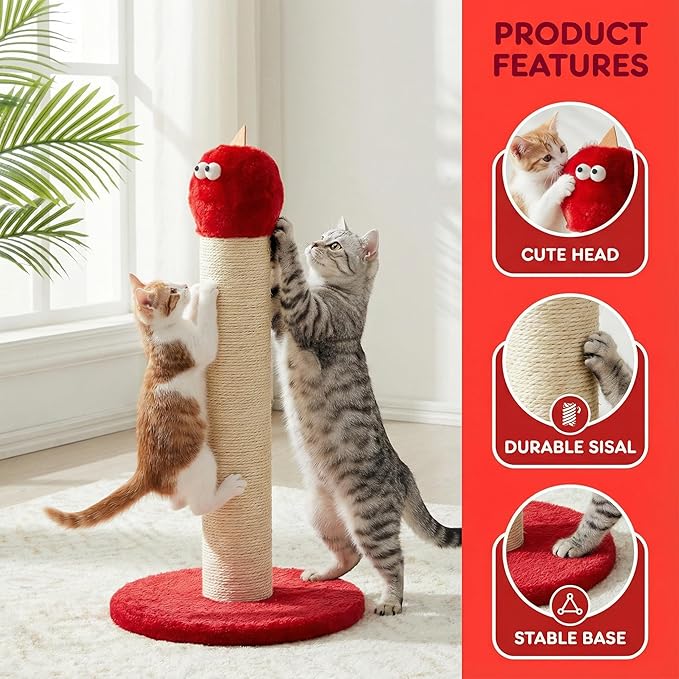 Cat Scratching Post for Small Space, 22'' Scratching Posts for Indoor Cats Adults, Extra Wide 13.4" Stable Base & Natural Sisal, Cute Cat Scratching Post with Short Plush Fabric for Large Cats, Red