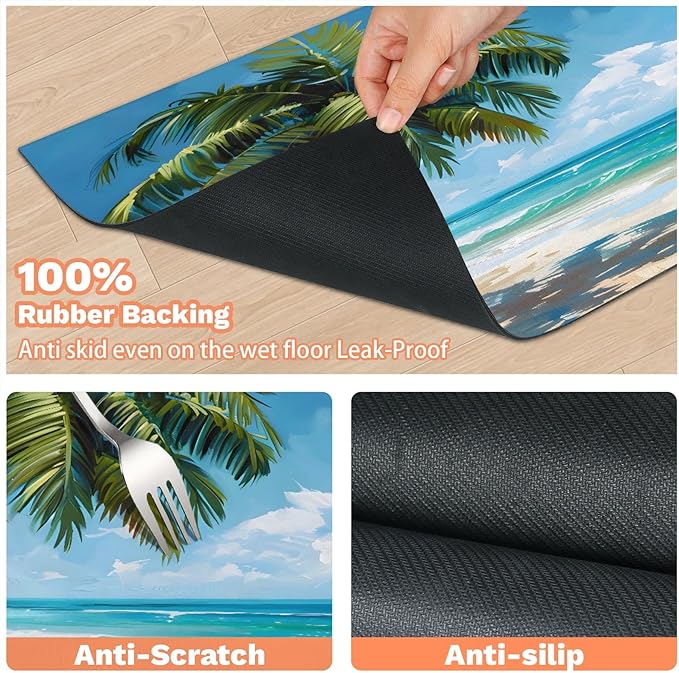 Hawaiian Seaside Dog Food Mat for Floors Absorbent, Quick Dry Water Dispenser Mat for Food, Water, Pet Supplies 16" x 24", Summer Palm Tree