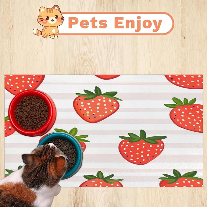 Red Strawberry Dog Food Mat for Floors Absorbent Dog Bowl Mat for Food and Water Dispenser Quick Dry Cat Food Placemat Pet Supplies 24" x 32", Stripe