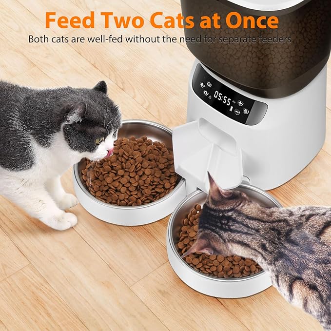 Automatic Cat Feeders for Two Cats, 5L/20 Cups Double Automatic Cat Food Dispenser with 2 Stainless Bowls, Timer Setting 20 Portions 6 Meals Per Day, 10s Meal Call, Pet Feeder for Dog (White, 5L)