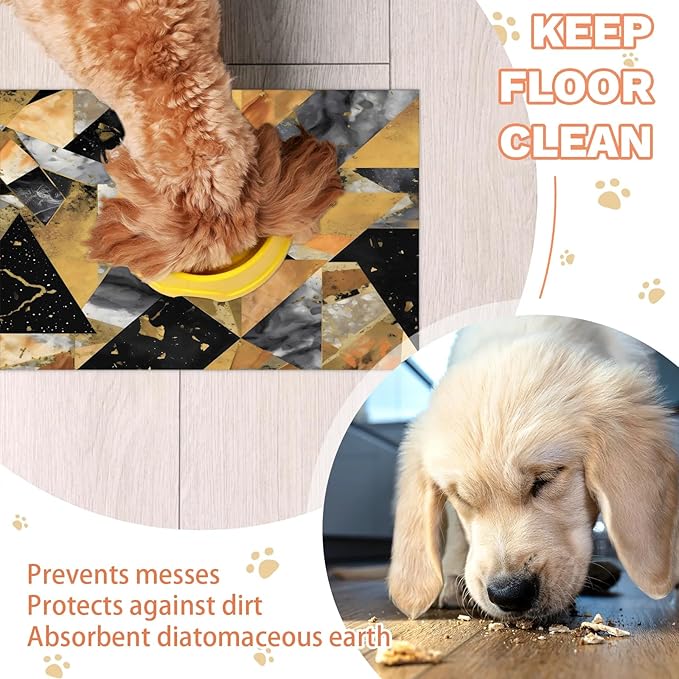 Marble Dog Food Mat for Floors Absorbent, Quick Dry Water Dispenser Mat for Food, Water, Pet Supplies 17" x 30", Black Gold Abstract