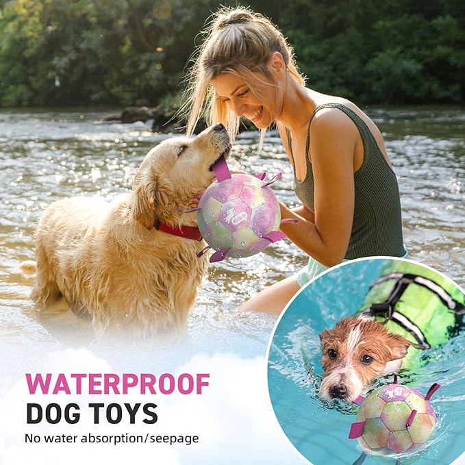 QDAN Dog Balls, Dog Soccer Ball with Straps, Valentines Dog Toys, Girl Puppy Toy Balls for Small Medium Dogs, Water Toys Pool Toys, Puppy Pet Birthday Gifts, Rainbow（6 Inch）