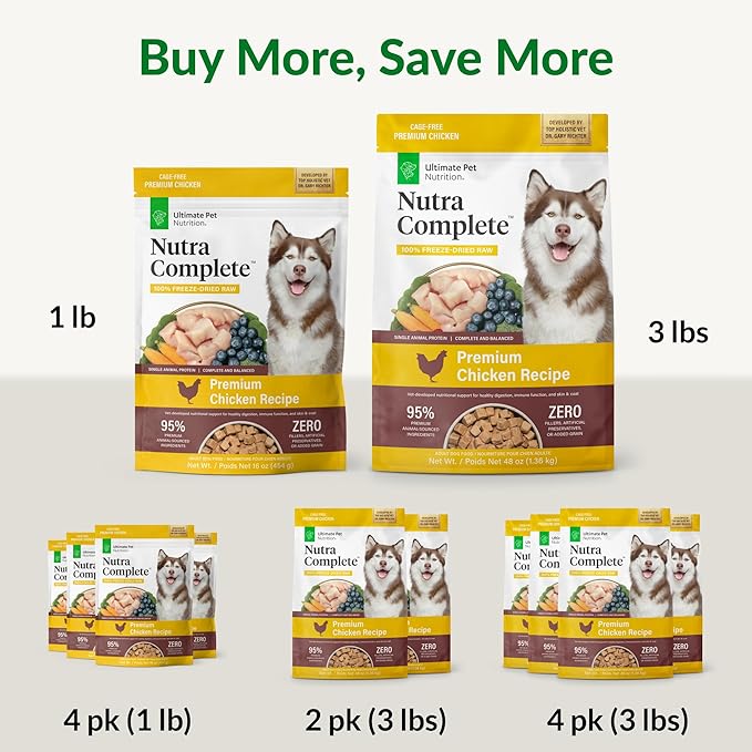 ULTIMATE PET NUTRITION Nutra Complete, 100% Freeze Dried Raw Veterinarian Formulated Dog Food with Antioxidants Prebiotics and Amino Acids (3 Pound (Pack of 4), Chicken)