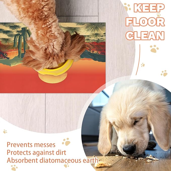 Sunrise Dog Food Mat for Floors Absorbent, Quick Dry Water Dispenser Mat for Food, Water, Pet Supplies 24" x 32", Cactus