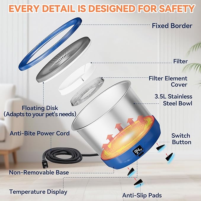 3.5L Heated Water Bowl, Stainless Steel Heated Dog Bowl with Digital Display and Adjustable Temperature, Heated Outdoor Pet Water Bowl Provides Warm Water for Dogs
