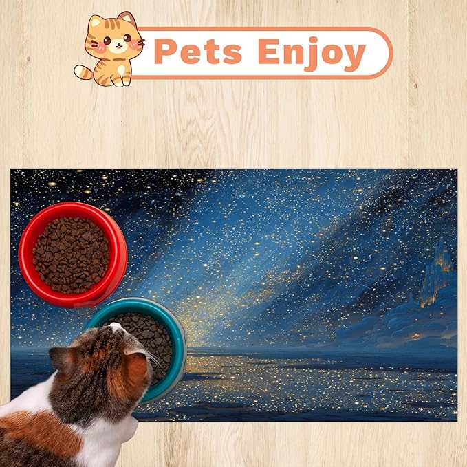 Ocean Beach Dog Food Mat for Floors Absorbent, Quick Dry Water Dispenser Mat for Food, Water, Pet Supplies 12" x 20", Galaxy Star