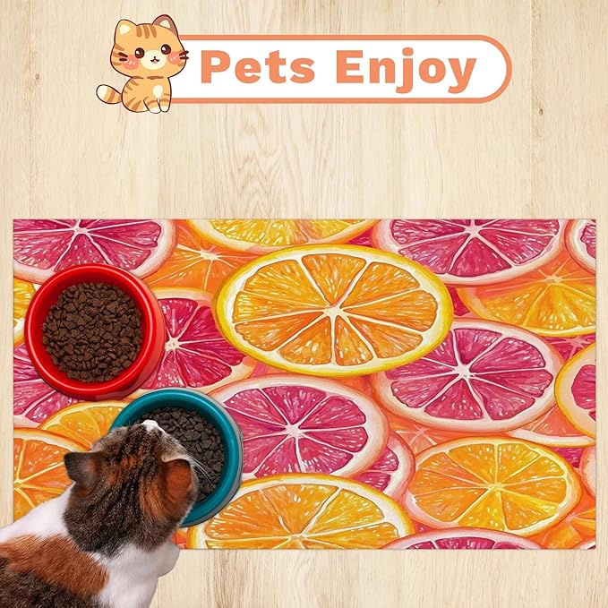 Lemon Fruit Dog Food Mat for Floors Absorbent Dog Bowl Mat for Food and Water Dispenser Quick Dry Cat Food Placemat Pet Supplies 12" x 20", Orange