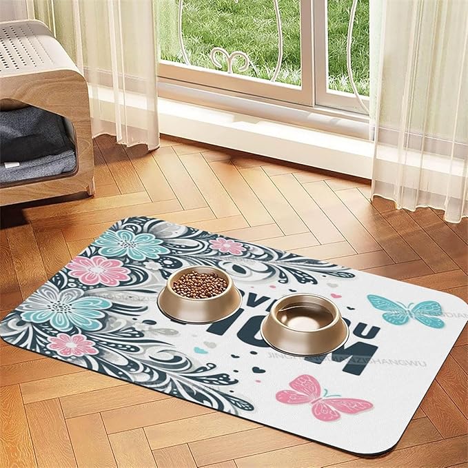 Dog Food Mat for Floors Absorbent Quick Drying Happy Mother's Day Floral Gift for Mom Butterfly Art Pet Cat Food Mat Easy-to-Clean Pet Feeding Mats Dog Bowl Mats 24x16In