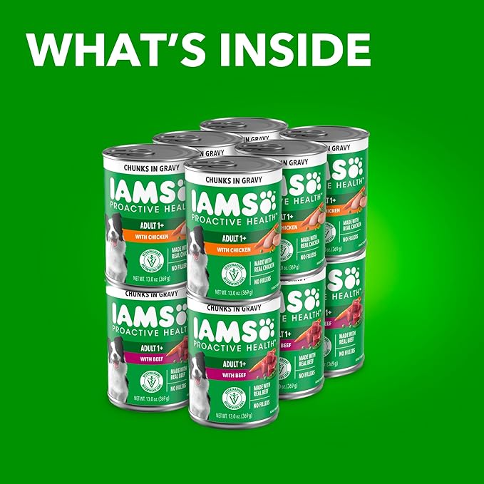 IAMS Proactive Health Adult Wet Dog Food Chicken Chunks in Gravy or Beef Chunks in Gravy, 13 oz. Cans (12 Count, Pack of 1)