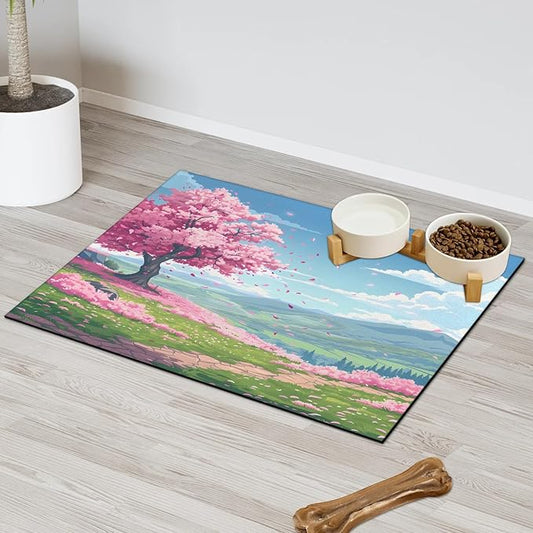 Pink Floral Dog Food Mat for Floors Absorbent, Quick Dry Water Dispenser Mat for Food, Water, Pet Supplies 24" x 32", Spring Tree