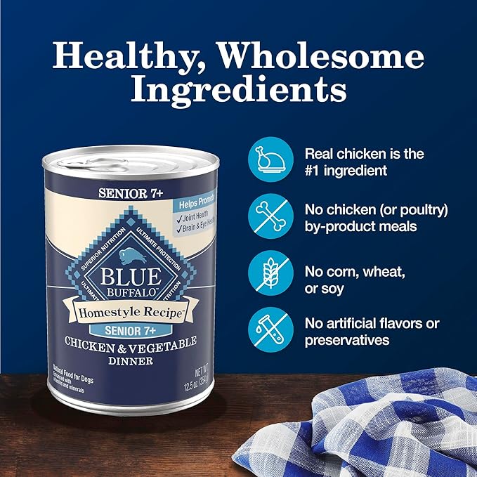 Blue Buffalo Homestyle Recipe Senior 7+ Chicken and Vegetable Dinner Wet Dog Food for Senior 7+ Dogs, Chicken Recipe, 12.5 oz. Cans, 3 Count
