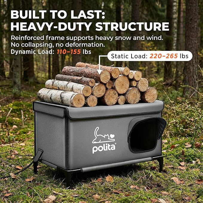 Polita Indestructible Heated Cat House for Outdoor Cats All Seasons, Extremely Insulated & 100% Weatherproof, Elevated Feral Cat Shelter with Waterproof Eaves &Safe Escape Door for Stray & Barn Cats