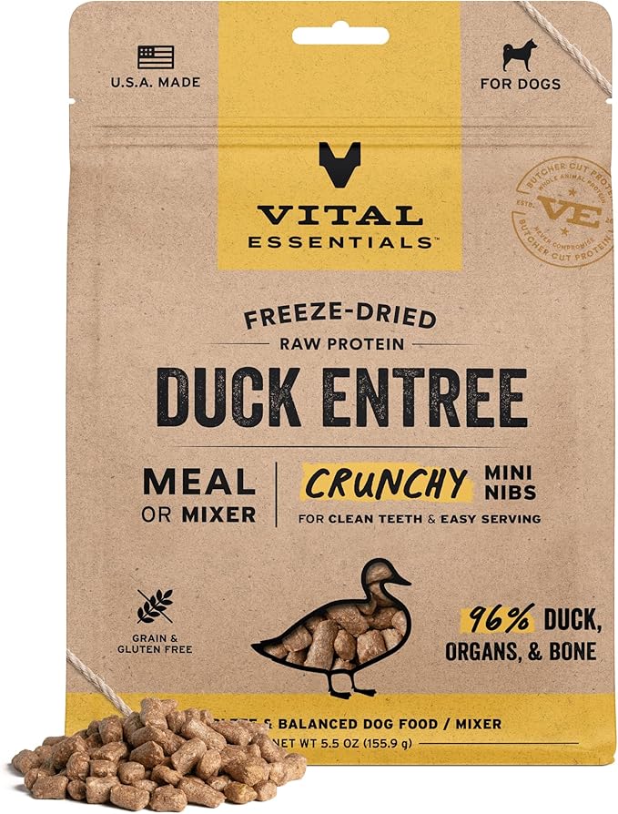 Vital Essentials Freeze Dried Dog Food, Raw Duck Crunchy Mini Nibs | Complete Meal or Topper | 96% Duck, Organs & Bone | Limited Ingredient, High Protein, Grain Free Dry Dog Food | 5.5 oz Bag