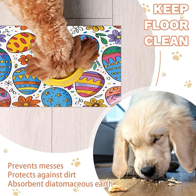 Easter Eggs Dog Food Mat for Floors Absorbent Dog Bowl Mat for Food and Water Dispenser Quick Dry Cat Food Placemat Pet Supplies 24" x 32", Colorful Flower