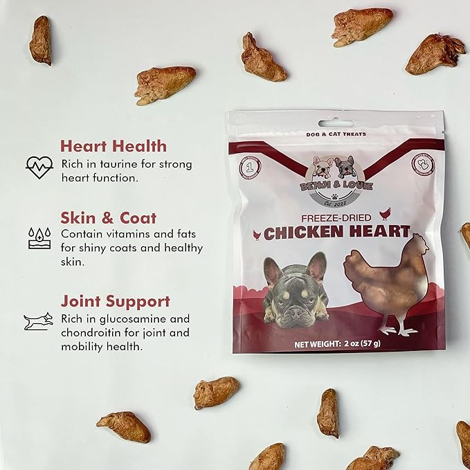 Benji & Louie Freeze Dried Chicken Heart - Natural Healthy Dog and Cat Treats, Single Ingredient, 2 oz
