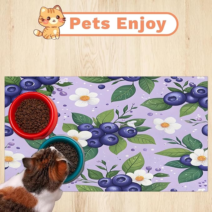 Watercolor Blueberry Dog Food Mat for Floors Absorbent Dog Bowl Mat for Food and Water Dispenser Quick Dry Cat Food Placemat Pet Supplies 16" x 24", Summer Floral