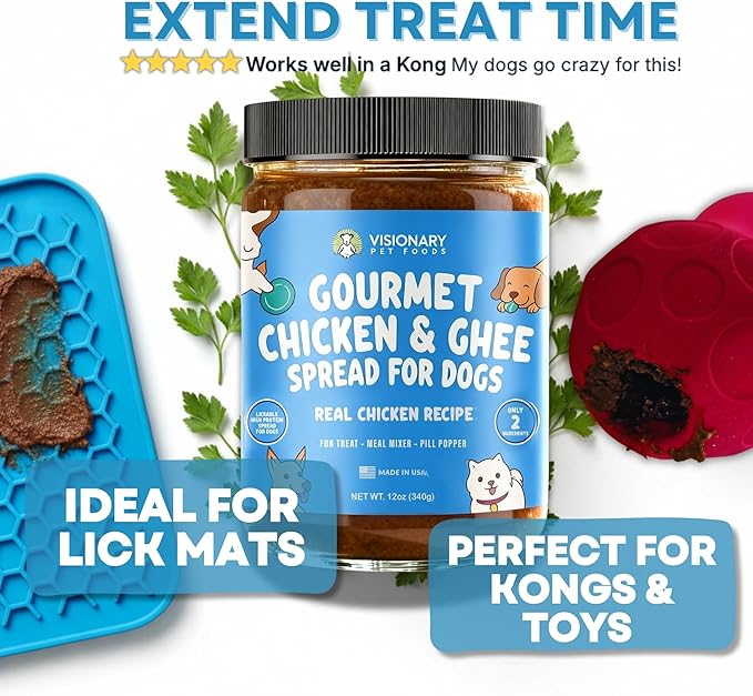 Visionary Pet Foods Chicken Meat Spread, Dog Safe and Natural Peanut Butter Alternative - Healthy Digestive Support, No Additives - Lick Mat Treats - 12oz Jar