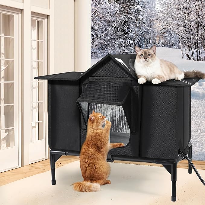 Heated Outdoor Cat House Weatherproof with Heating Pad, Insulated Feral Cat Houses for Outdoor Cats, Safe Escape Door, Heated Cats House for Outside, Outside Stray Cats Shelter with Elevated Base(M)