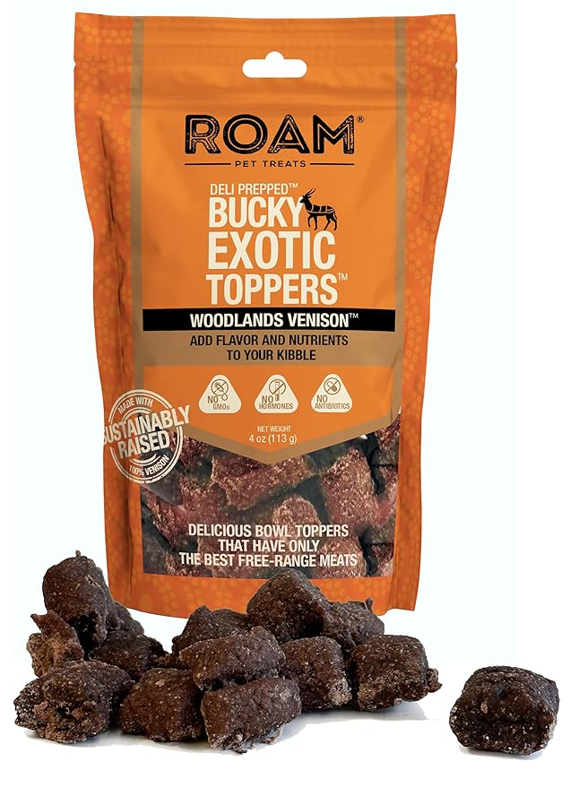 ROAM Pet Treats Bucky Exotic Dog Topper, Venison Dog Treats - Single Protein, Sustainably Raised Venison Meat Dog Food Topper - Non-GMO, 4 Ounce