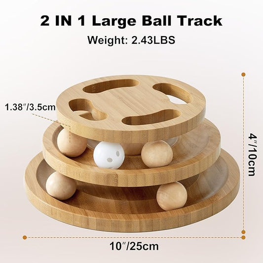 Cat Ball Track Toy with Puzzle Top, Wooden Cat Toys for Indoor Cats with Spinning Balls, Interactive Large Cat Ball Tower for Kitten Kitty Exercise Mental Physical
