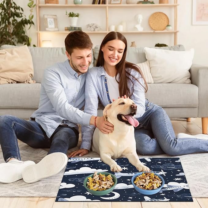Flying Airplane Dog Food Mat for Floors Absorbent, Quick Dry Water Dispenser Mat for Food, Water, Pet Supplies 24" x 32", Star Clouds
