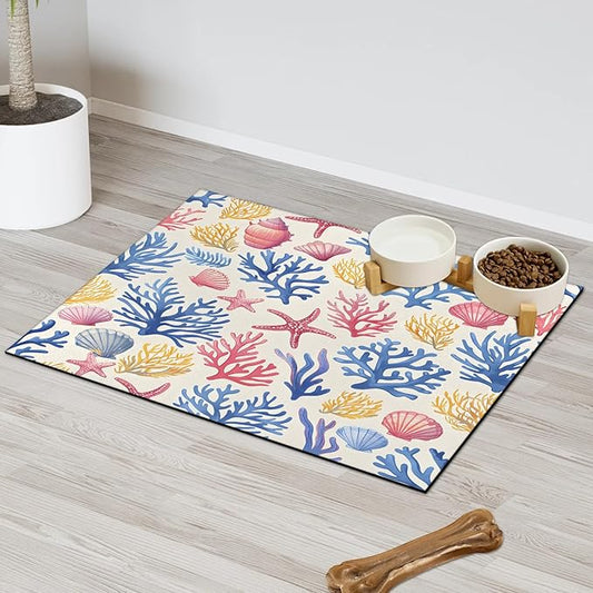 Nautical Beach Dog Food Mat for Floors Absorbent Dog Bowl Mat for Food and Water Dispenser Quick Dry Cat Food Placemat Pet Supplies 17" x 30", Watercolor Coral